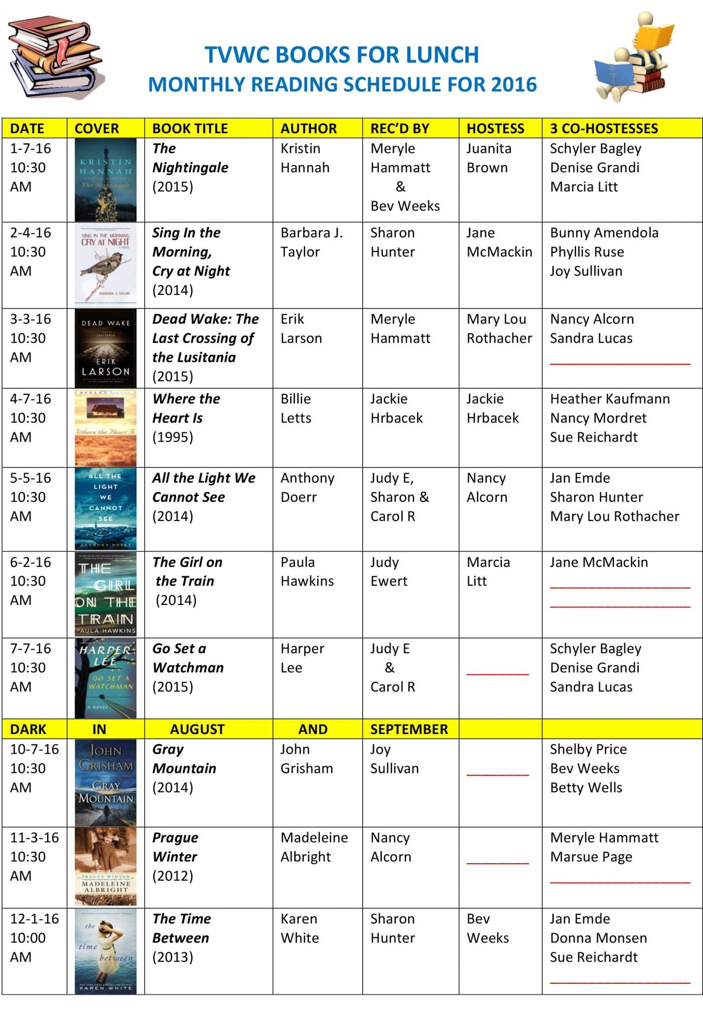 Books For Lunch Monthly Reading Schedule For 2016 Temecula Valley